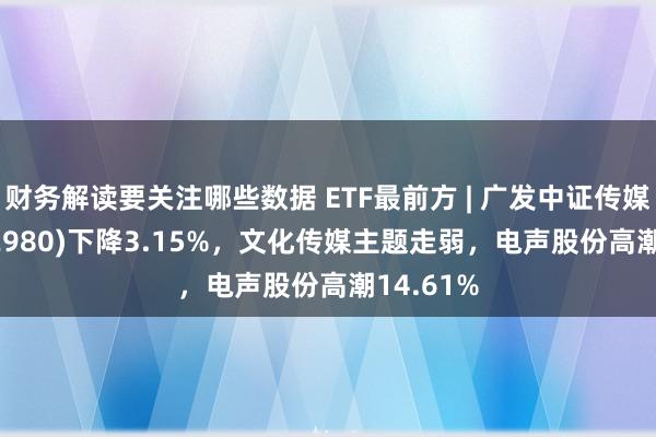 财务解读要关注哪些数据 ETF最前方 | 广发中证传媒ETF(512980)下降3.15%，文化传媒主题走弱，电声股份高潮14.61%